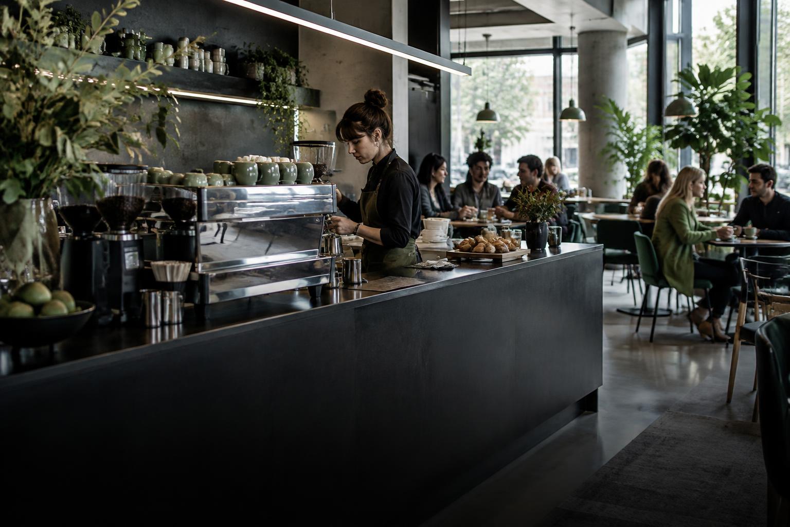 Barista and guests in a contemporary café