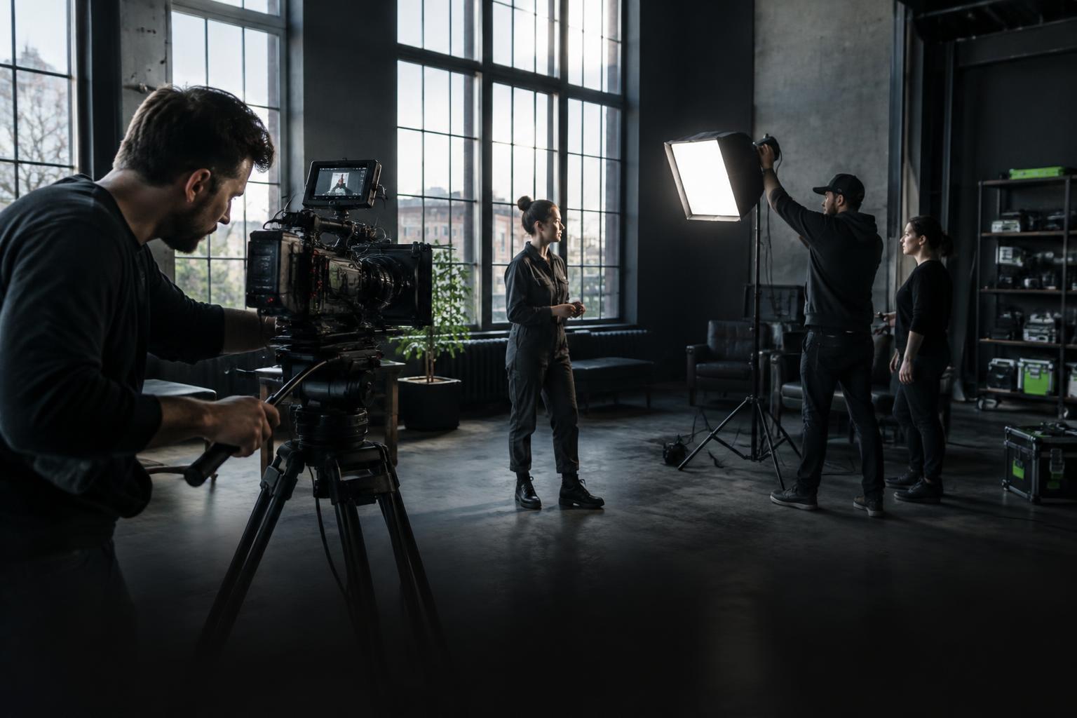 Film crew working in a video production studio